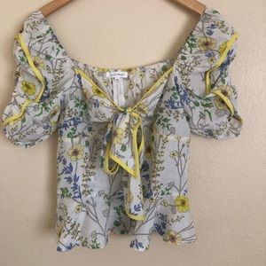 Lemon top blouse floral ribbon balloon sleeve NWOT